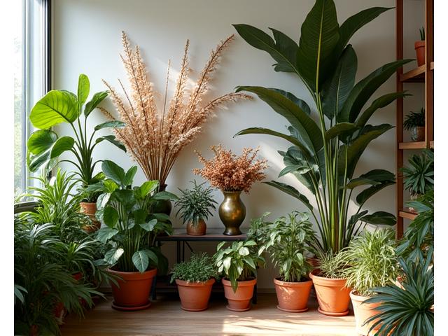 様々な観葉植物とドライフラワーのある空間