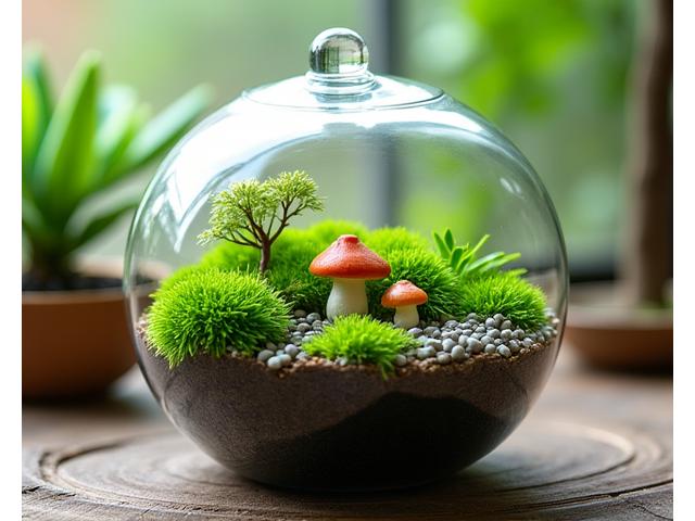 小さな植物と装飾品がレイアウトされたテラリウム