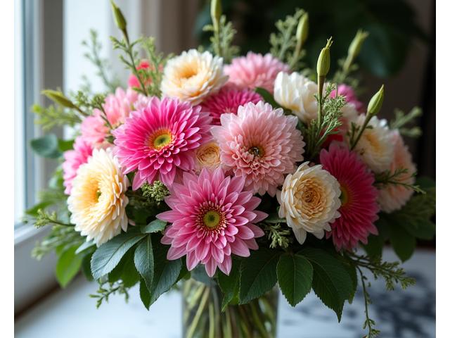 季節の花材を使った色鮮やかなブーケ